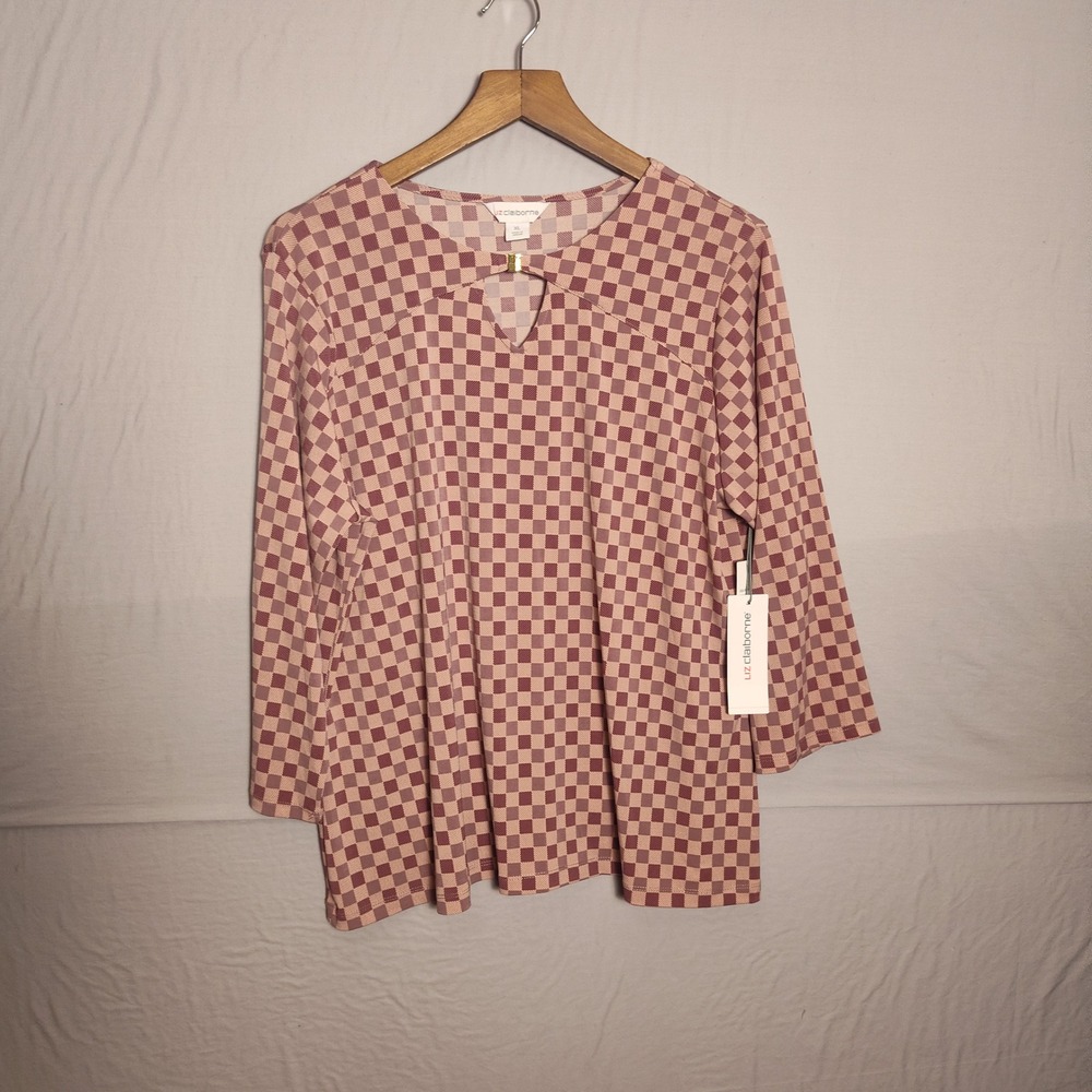 Liz Claiborne Womens XL Pink Checkered Keyhole Neck Blouse 3/4 Sleeve Top